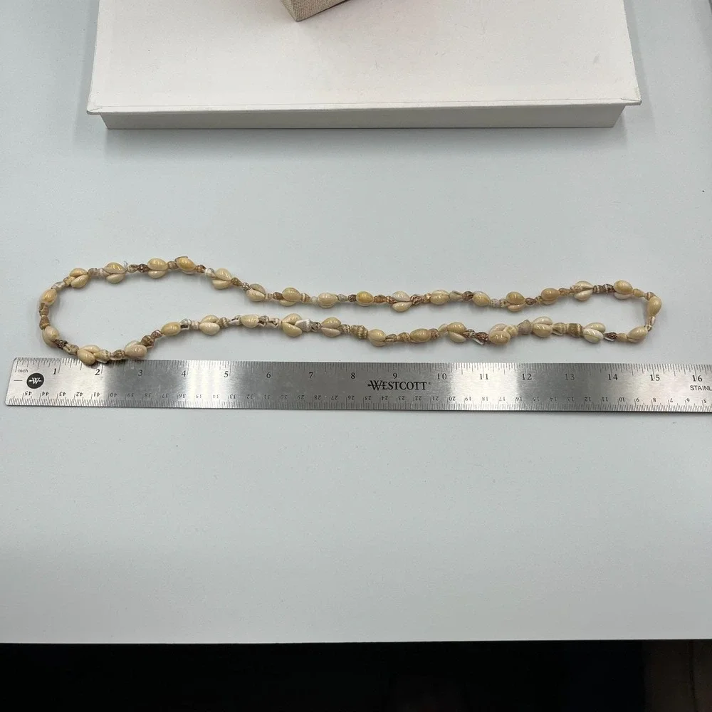 Vintage Off White Cowrie Shell Strand Necklace Long Hawaiian Beach Boho Tropical